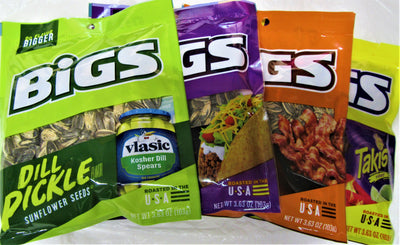 seeds bigs bacon taco takis dill