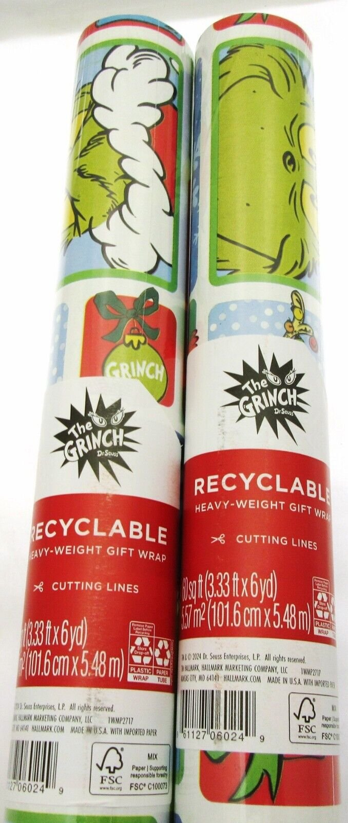 The Grinch Dr. Seuss ~ Gift Wrapping Paper ~ 3.33ft x 6yd ~ Christmas ~ Lot of 2