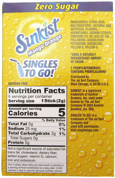Sunkist Mango Orange ~ Packets ~ Zero Sugar Free ~ Drink Mix ~ 3 Boxes