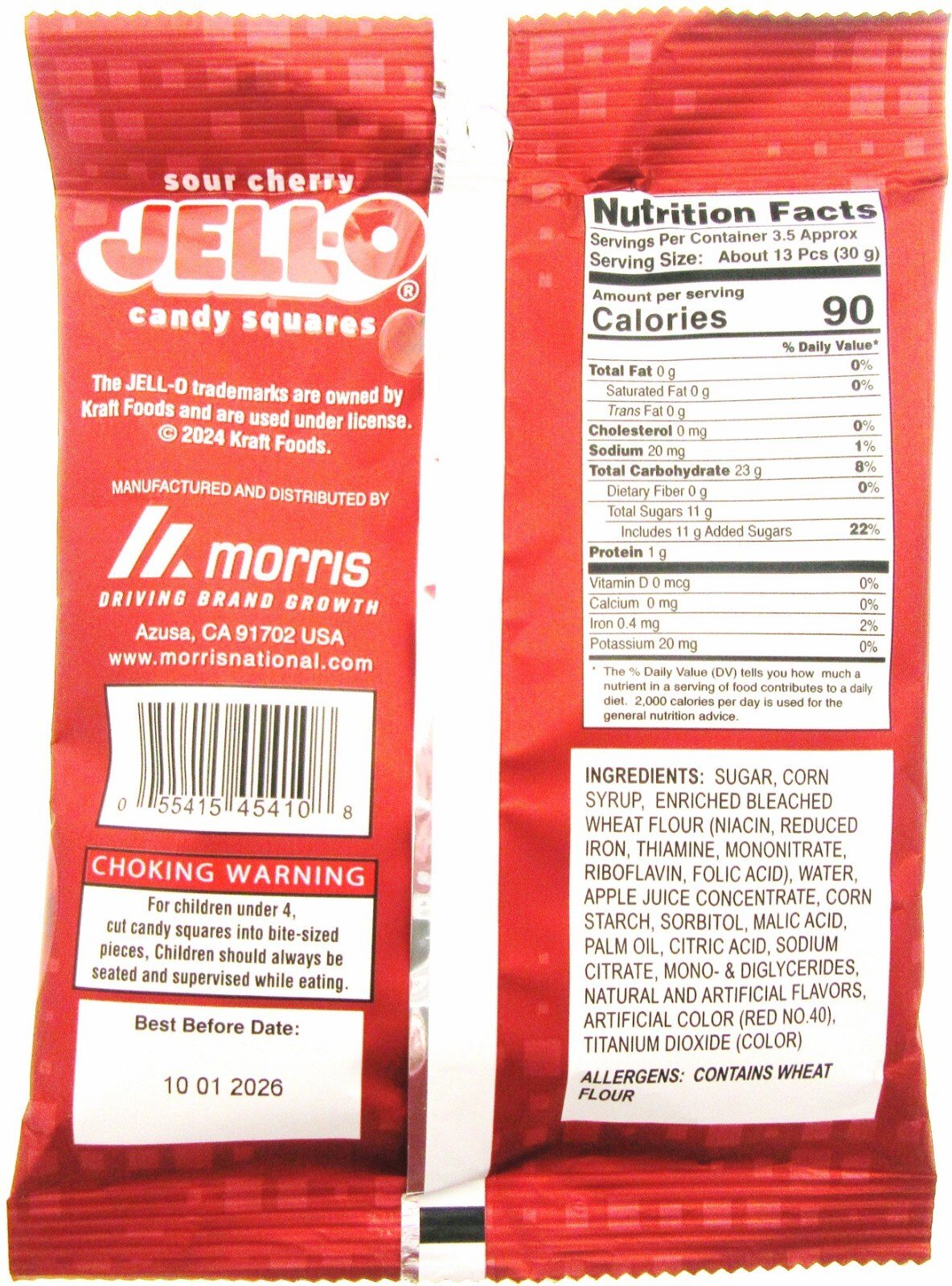 JELL-O Sour Cherry Gummy Squares Candy ~ 3.75oz bags Jello ~ Lot of 2