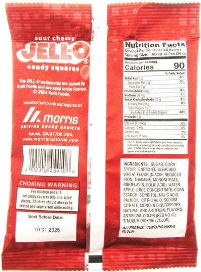 JELL-O Sour Cherry Gummy Squares Candy ~ 3.75oz bags Jello ~ Lot of 2