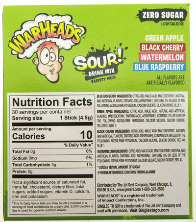 Warheads Variety Pack ~ 30 Packets Per Box ~ Sugar Free ~ Drink Mix