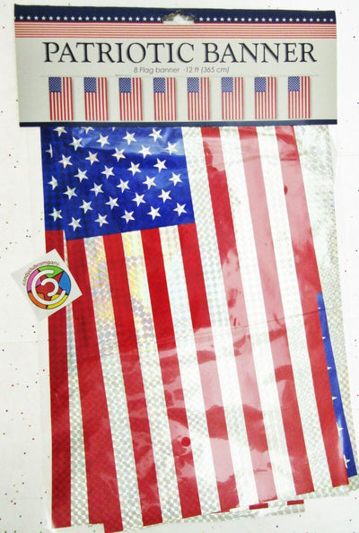 Patriotic Bunting 8 Flag Banner ~ Red White Blue Stars Memorial Veterans July 4E
