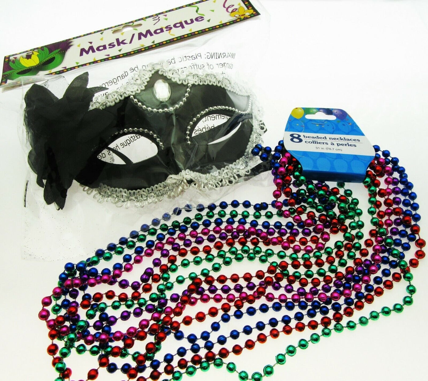 Mardi Gras Eye Mask & Necklaces Costume Mascaraed Parade New Orleans Blac Party