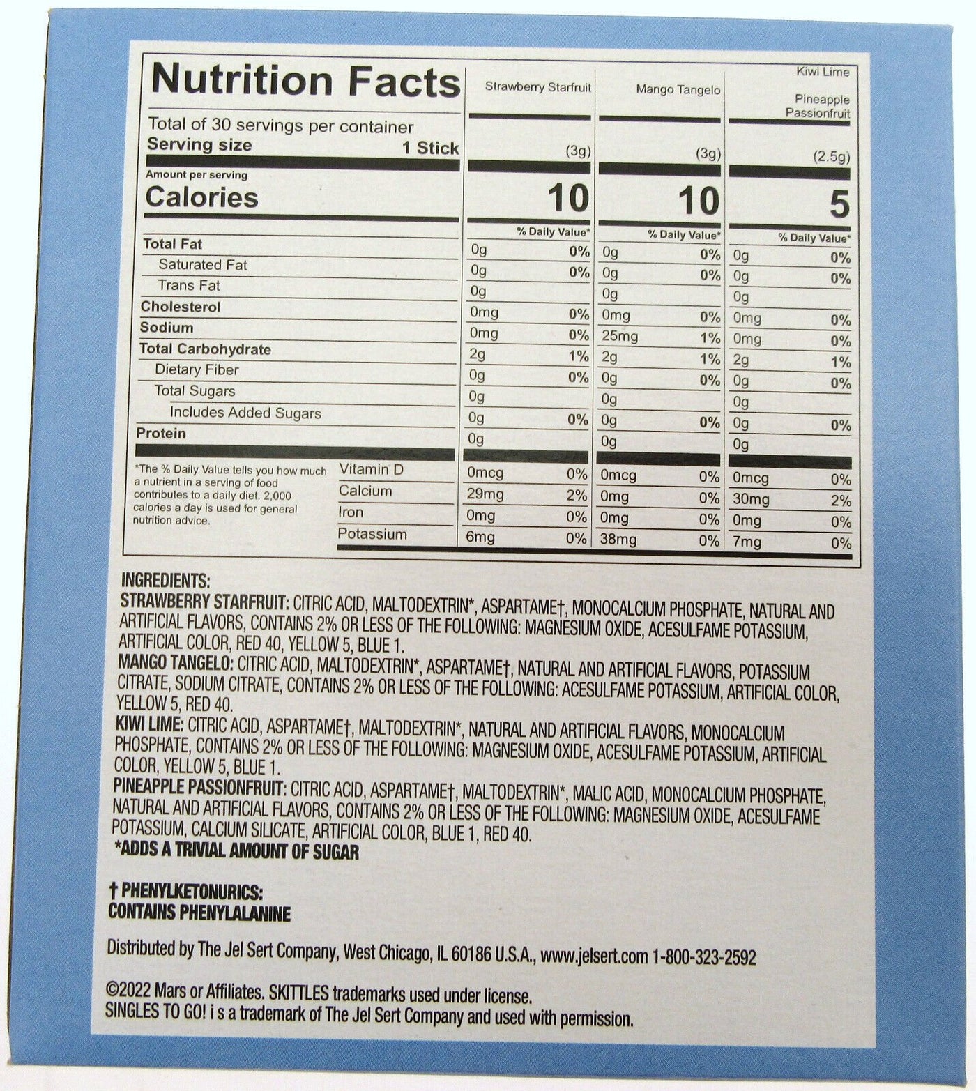 NEW! Skittles ~ Tropical ~ 30 Sticks ~ Zero Sugar Free ~ Drink Mix