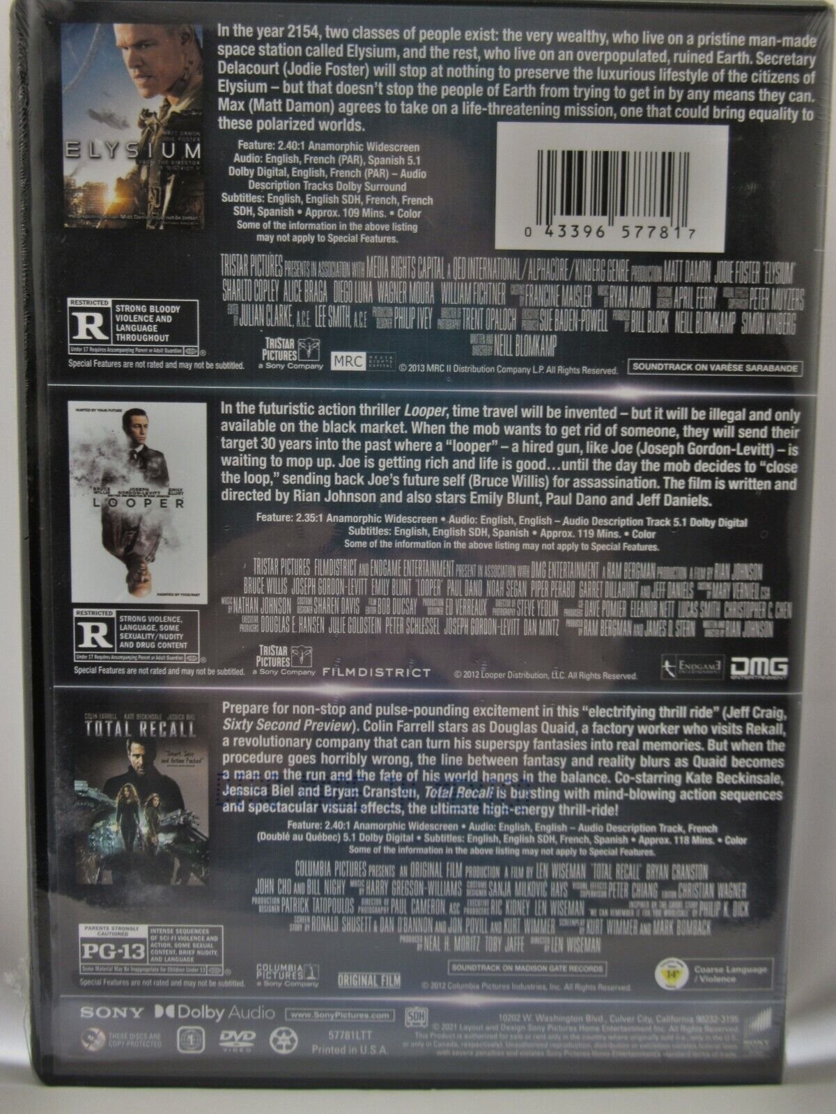 Elysium, Looper & Total Recall (2012) 3 Movie ~ Movie ~ New DVD