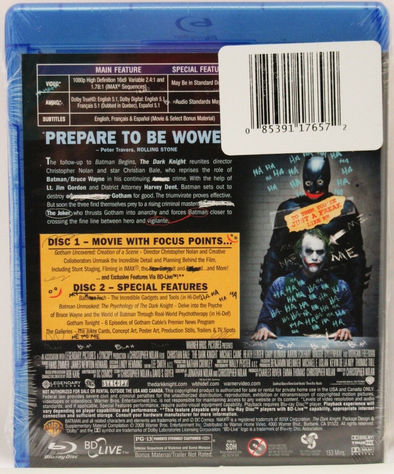 The Dark Knight ~ Batman ~ Christian Bale Heath Ledger ~ Movie ~ New Blu-ray