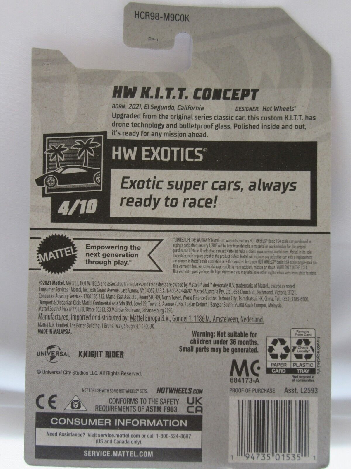 Hot Wheels ~ HW K.I.T.T. Concept Car ~ Kitt Car ~ Black ~ 1:64 Scale