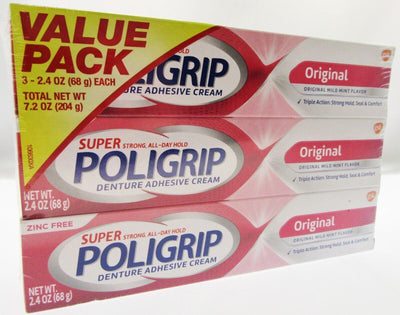 Super Poligrip Denture Adhesive Cream Original  3 PK false teeth tooth partial