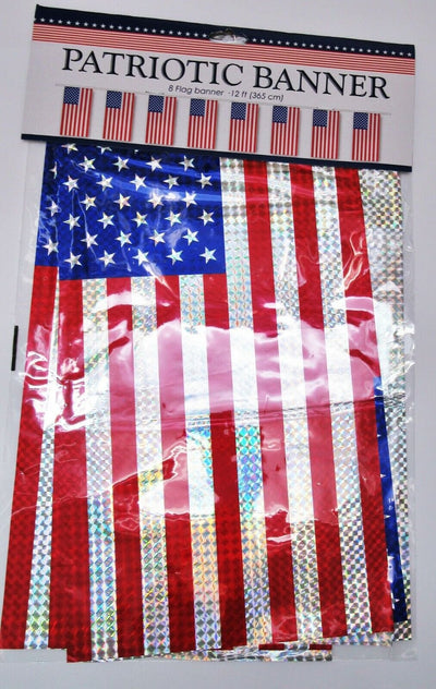 Patriotic Bunting 8 Flag Banner ~ Red White Blue Stars Memorial Veterans July 4E