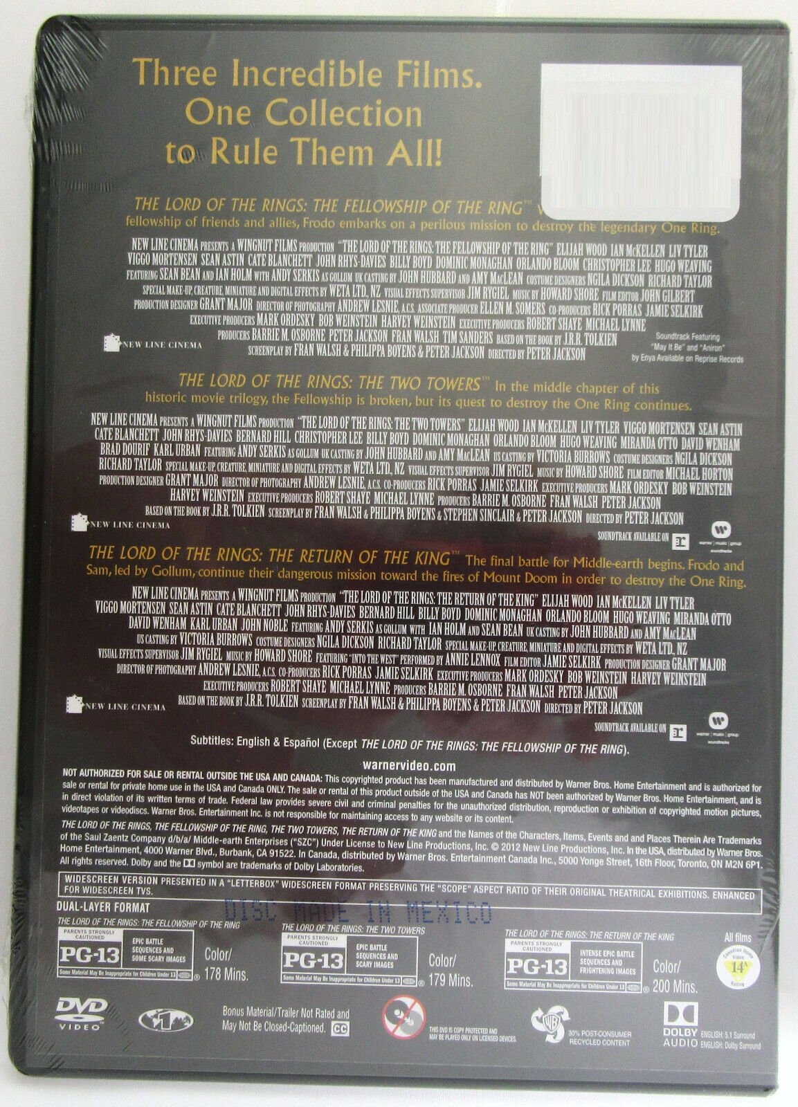 The Lord of the Rings ~ 3-Film Collection ~ Movie ~ New DVD